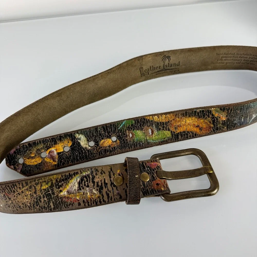 Leather Island Belt Mens 40 Snakes Brown Italian Leather Hand Stained Distressed